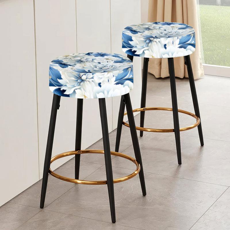 Ensemble de 2 tabourets de bar damassés à motif floral blanc et bleu Misty