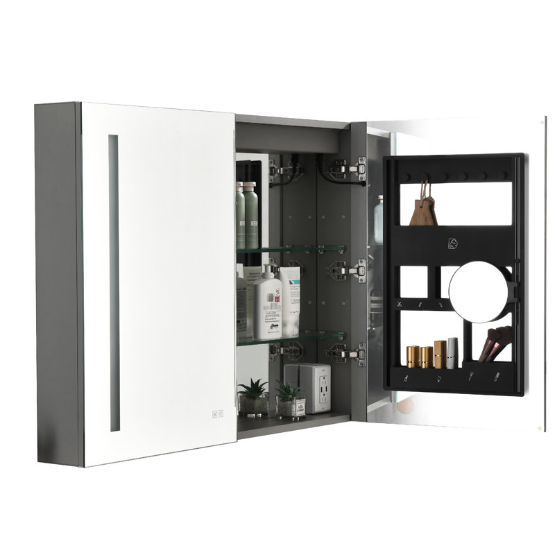 Armoire à pharmacie avec éclairage à DEL de 30 po x 40 po, brouillard, intensité variable, 3 températures de couleur, tablette réglable, miroir grossissant, armoire à rouille avec DEL, modes, aluminium, douille