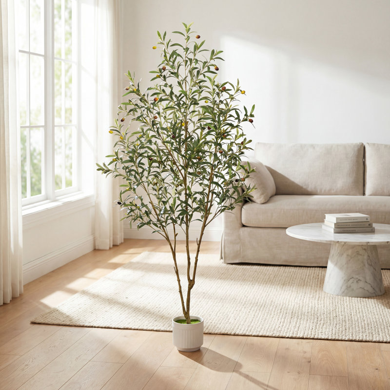 71" Faux Olive Tree, Tall Artificial Olive Tree with Dense Silvery-Green Leaves and Realistic Trunk, Potted Floor Plant for Living Room Bedroom Office Home Decor