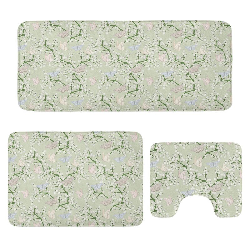  Fleurs et insectes, ensemble de tapis de salle de bain 3 pièces en U et tapis rectangulaires vert pastel multicolore