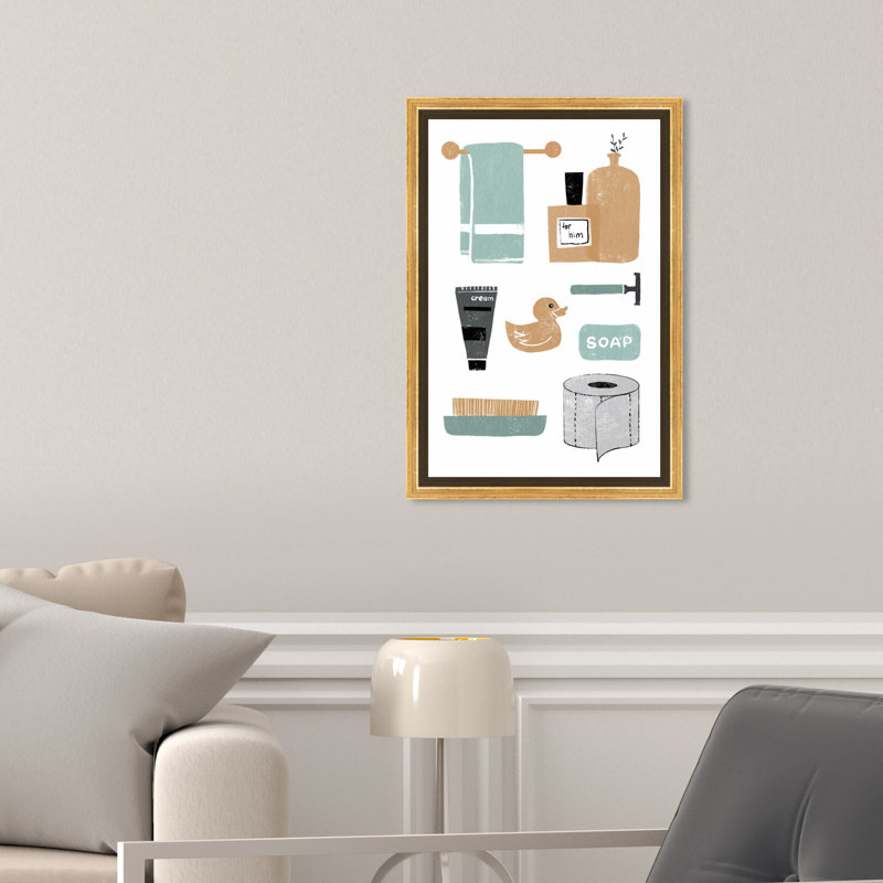 «Bath and Laundry Bathtime Essentials», impression sur toile, Toile encadrée d'or, H 15 po x l 10 po
