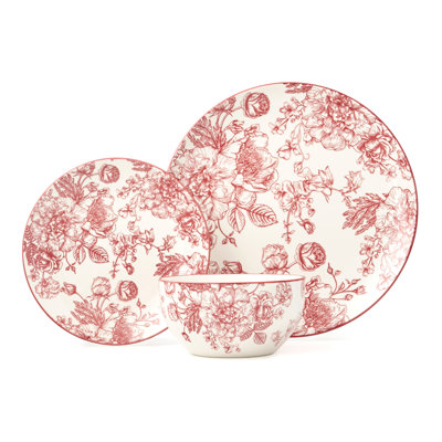 Banbury Crimson Porcelain 12 Piece Dinnerware Set, Service For 4