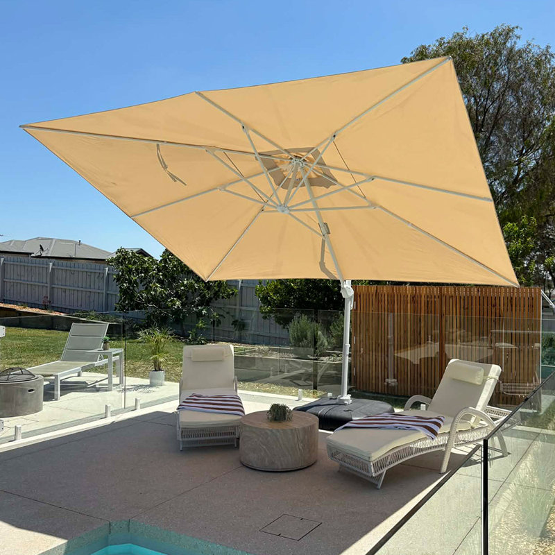 Roric  White Pole 108'' x 132'' Square Economical Large Beige Umbrella With 360° Rotation, Beige