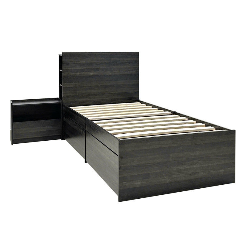 Lit simple avec rangement et 1 table de chevet gris foncé Robin