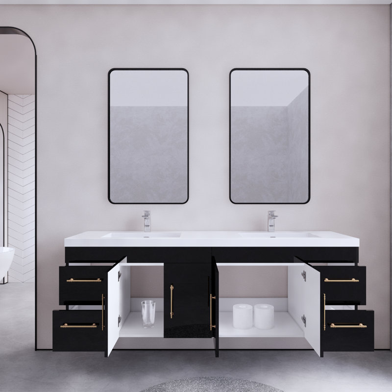 Ensemble de meuble-lavabo double mural 70,5 "Bensley, Noir lustré