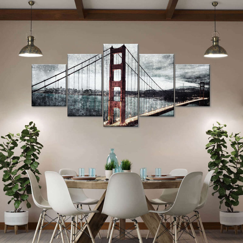 «Golden Gate Bridge Architecture», reproduction d'art sur toile 5 pièces, H 42 po x l 92 po x P 1,25 po