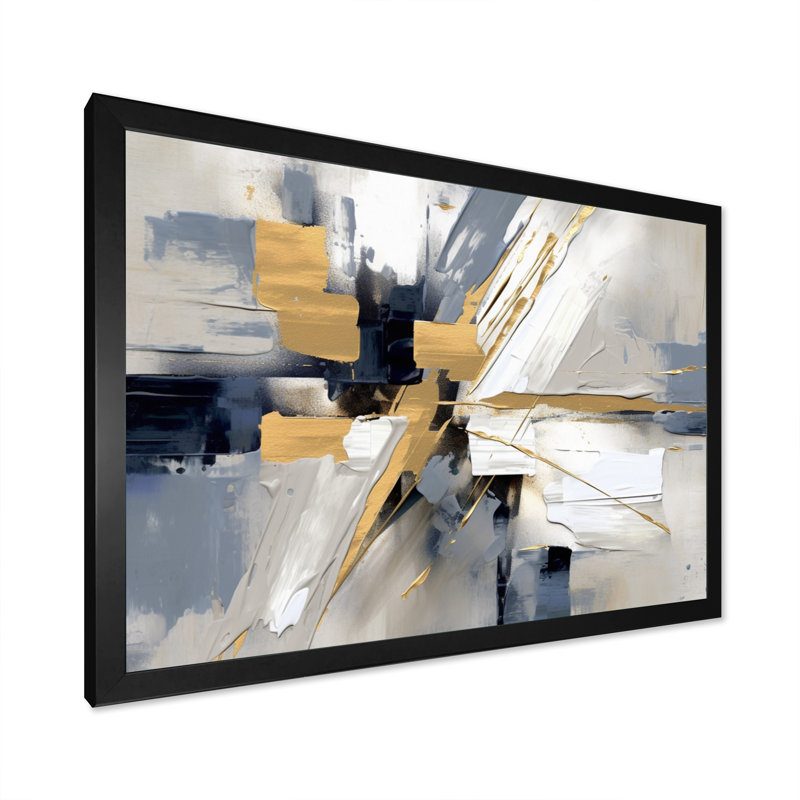 «Grey and Gold Transcendent Impressions I», art sur toile à formes abstraites, Cadre simple noir, H 24 po x l 32 po x P 1 po