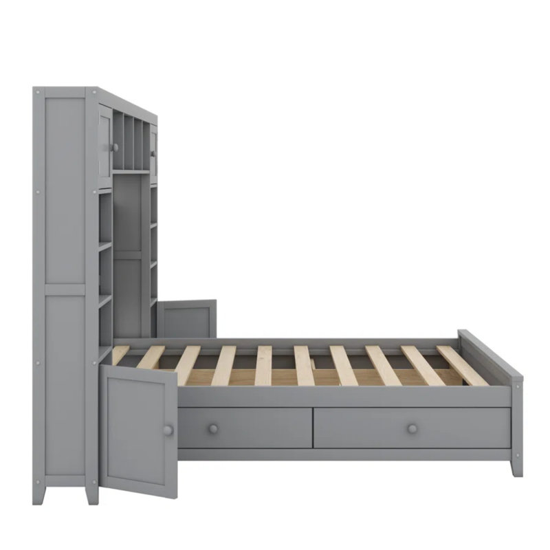Lit en bois avec armoire et tablette tout-en-un, gris
