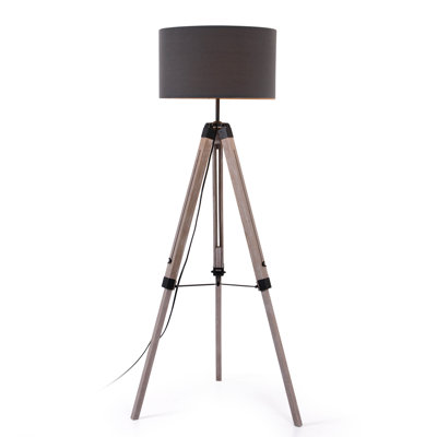 58 po Lampe trépied en bois massif gris avec abat-jour tambour en lin gris (ampoule non incluse)