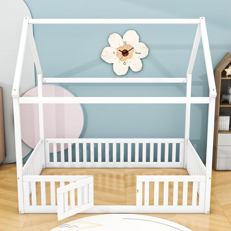 Saimi Full Size Wooden Daybed with Fence and Door, White