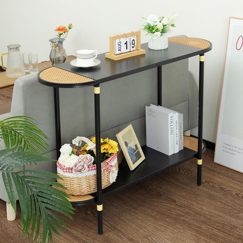 Black Metal Console Table With Rattan Decor, 2-tier Entryway Table, 42.32"