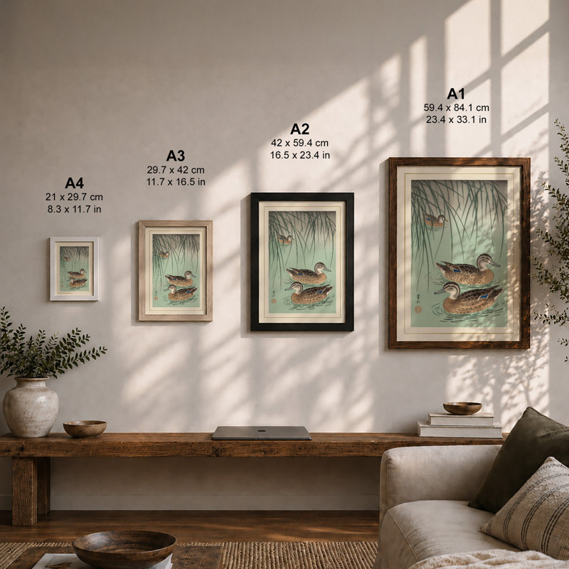 Ducks Beneath Willow Japandi - Framed Print, A2 - 59.4 x 42.0 cm, White