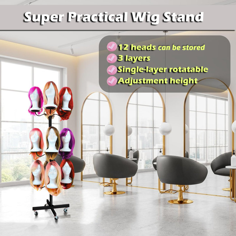 Wig Holder For Multiple Wigs For 12-Mannequin Head, Wig Styling Stand Display Holder Organizer Metal Wig Rack On Wheels Tree Shelving - Patent Protected( Small Black With 12 Little Wig Holder
