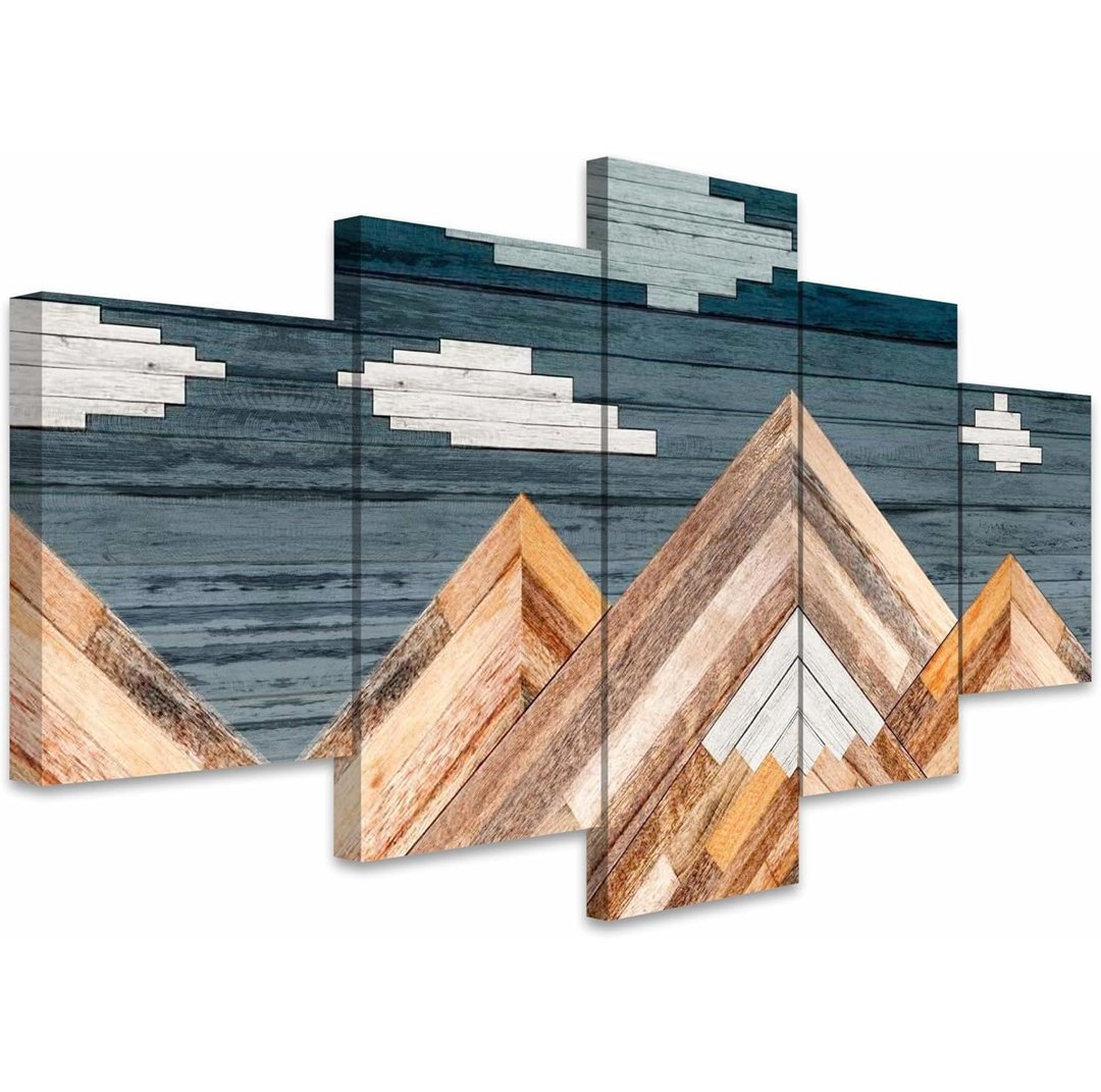 Western Wood Effect Landscape " Geometric Clouds Over Southwest Mountain Range Valley Abstract Nature " 5 - Pieces IDEA4WALL