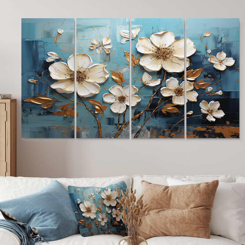Orchidée blanche et bleue avec jardin d'or de branches V - Art mural floral abstrait 4 pièces pour le salon