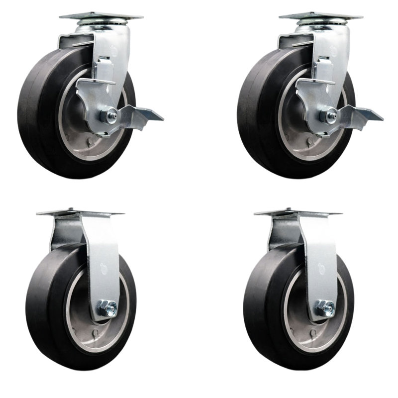 6 Inch Rubber on Aluminum Caster Set with Ball Bearings 2 Brakes 2 Rigid