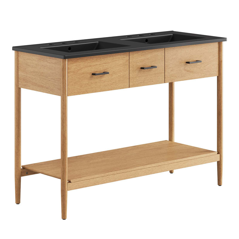 Modway Zaire 48'' Double Bathroom Vanity with Ceramic Top, Natural, Black