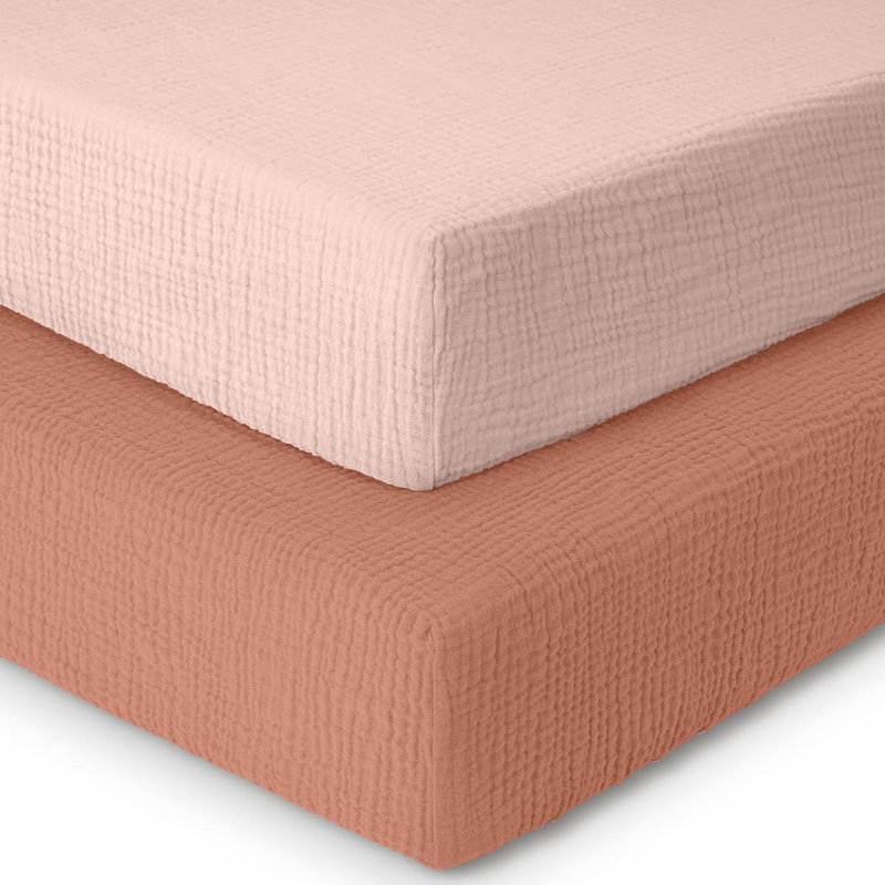100% Cotton Muslin Cot Fitted Sheets 2 Pack- Soft & Breathable, Baby Mattress Sheets, Standard-Rose