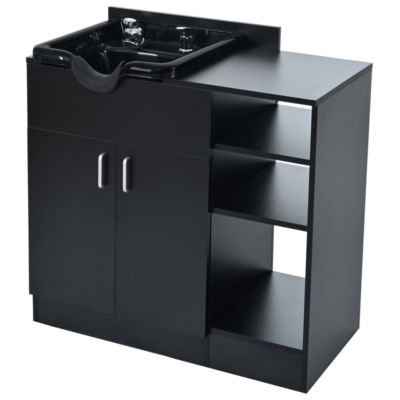 Station de lavage à contre-shampooing haute performance pour les salons avec cuve à shampooing et rangement à plusieurs niveaux, parfaite pour les centres de spa et de beauté