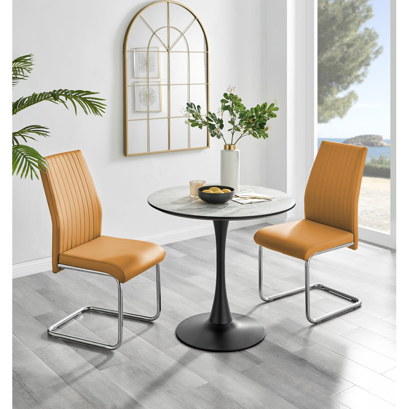 Elina White Marble Effect Melamine Round 80cm Dining Table And Chairs - 2 Faux Leather Dining Chairs, Mustard/Chrome