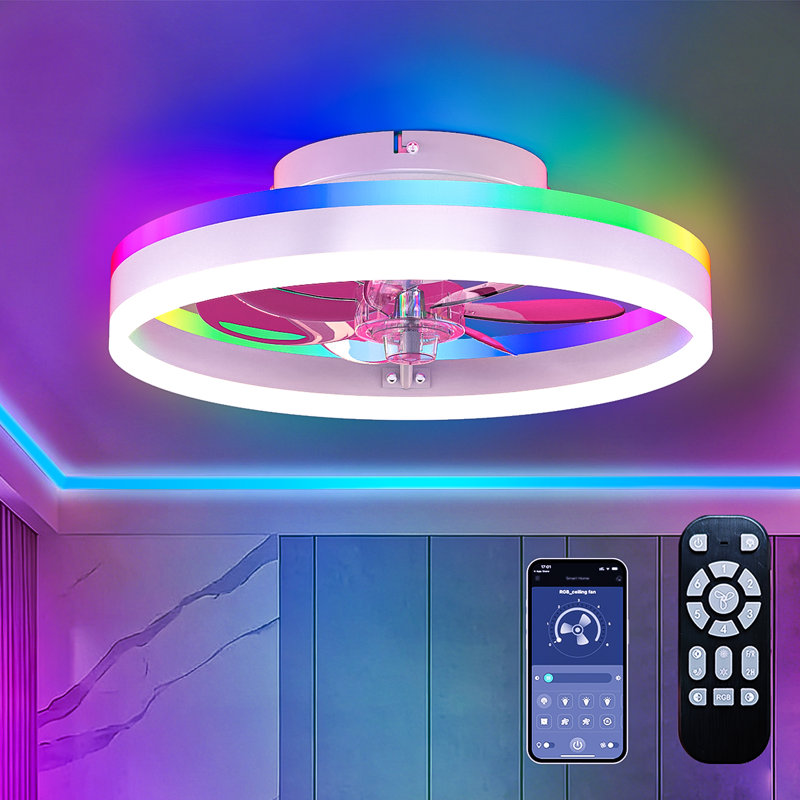 RGB Ceiling Fan with Lights, low profile ceiling fans with lights and remote, Flush Mount LED Fan Light, Modern Bladeless Fandelier for Bedroom Works with APP, 16IN White