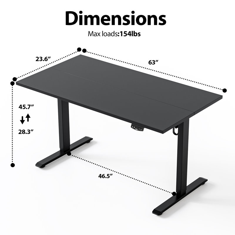 Bureau debout électrique à hauteur réglable de 63 po avec contrôleur de mémoire, Noir, H 45,7 po x l 63 po x P 24 po
