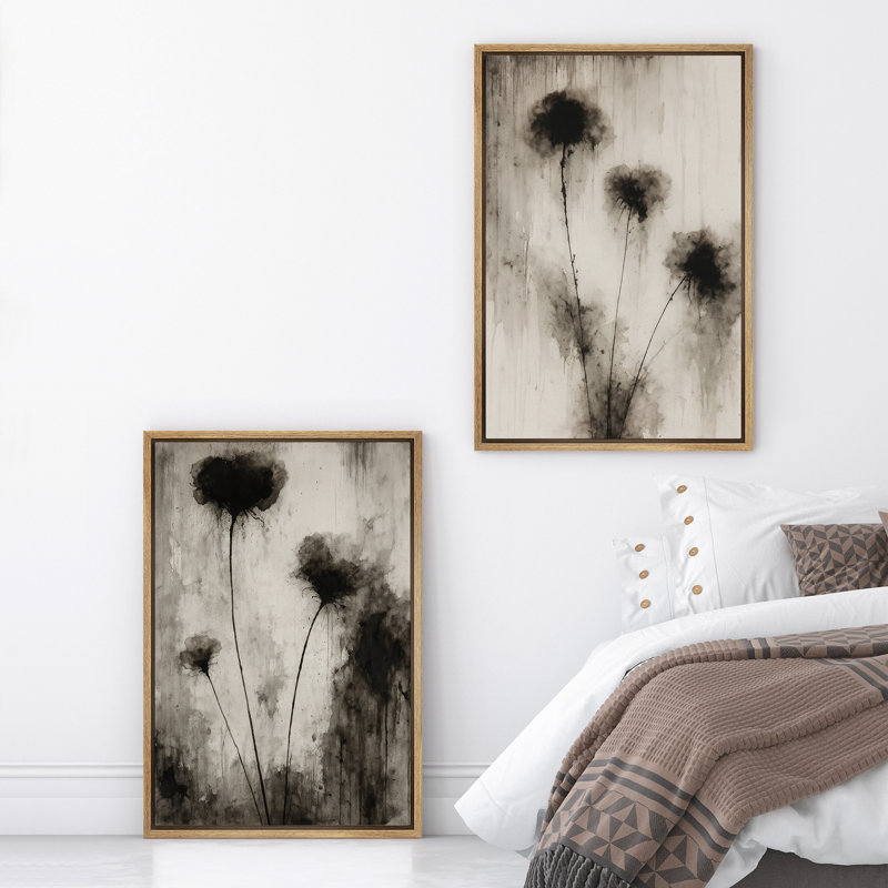Fleurs abstraites murales, ensemble de 2 reproductions d'art sur toile encadrées, H 36 po x l 48 po, Naturel