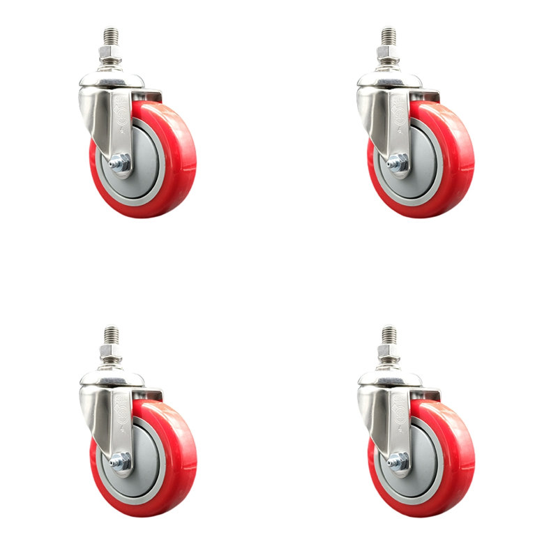 Ensemble de roulettes à tige filetée en polyuréthane 316SS SCC, Rouge