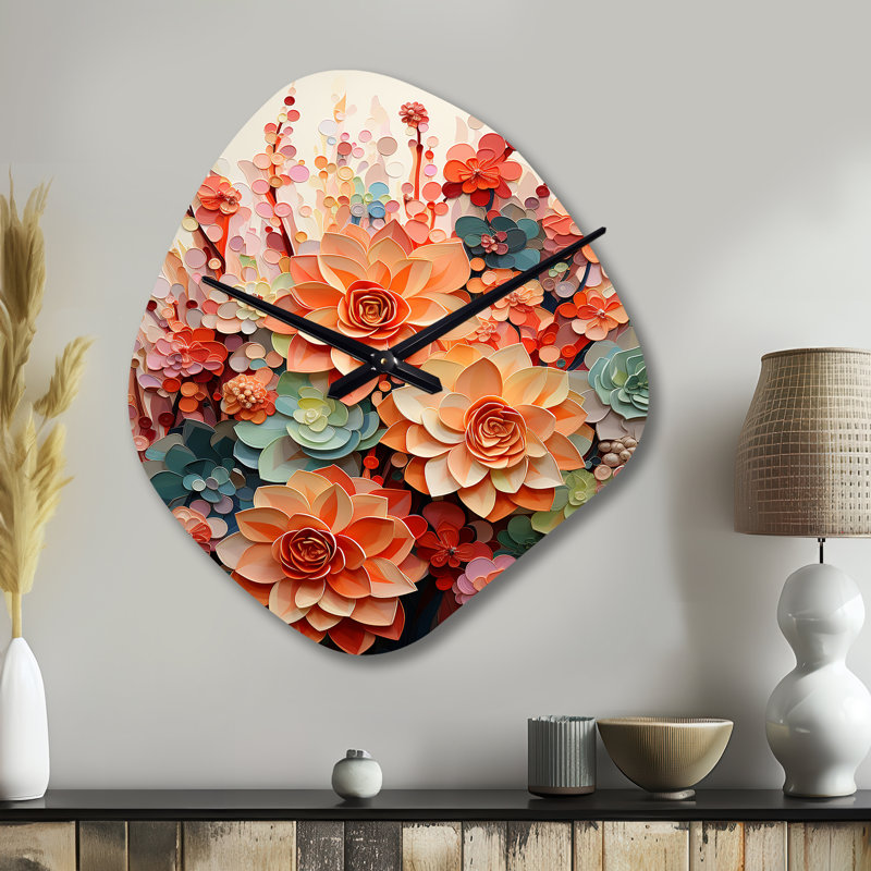 Jarosz orange rose plantes grasses I - horloge asymétrique en métal, forme unique horloge murale, Grand