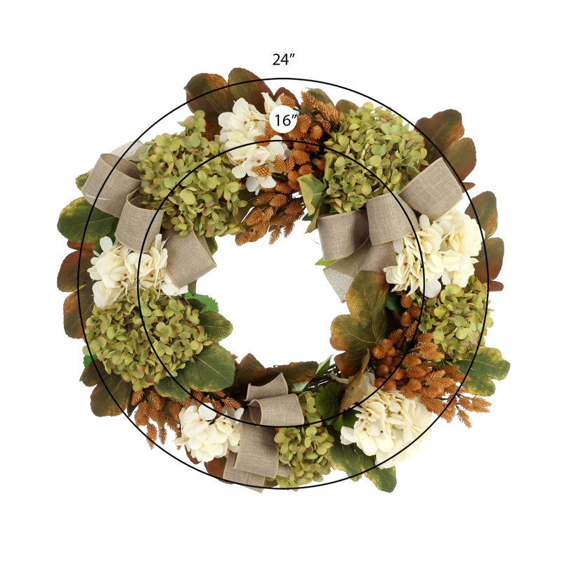 Couronne d'automne de 61 cm (24 po) composée d'hortensias et de pommes de pin, ornée de nœuds