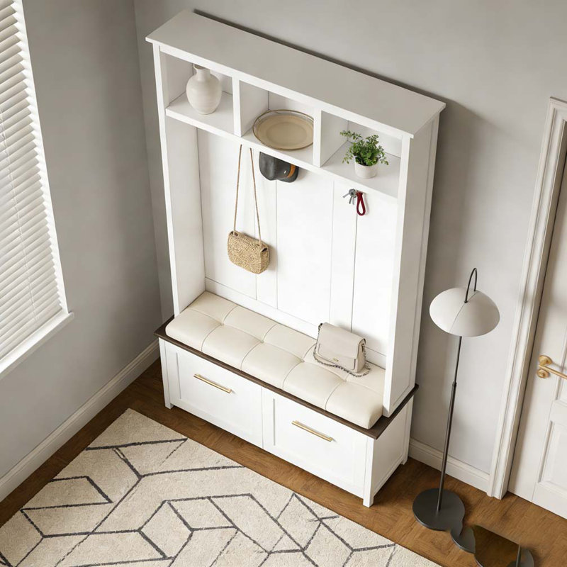 Hall Tree with 6 Golden Hooks, Wood Grain Bench with Multiple Storage Space, Entryway Coat Rack with 2 Drawers for Living Room, Hallway