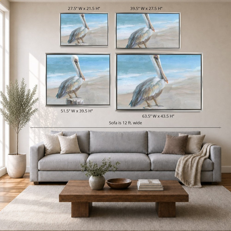 «Pelican by the Sea» par Danhui Nai - impression sur toile, 44" H x 64" W, Silver