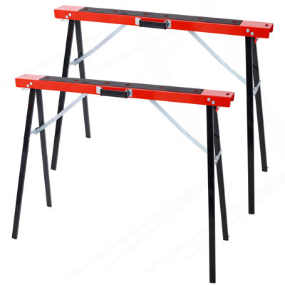 Saw Horses 2 Pack, Folding Portable Work Horse With Fast Open Legs, Convenient Handle, Heavy Duty Steel Sawhorse For Garage, Workshop, Fully Assembled,Red+Black Color