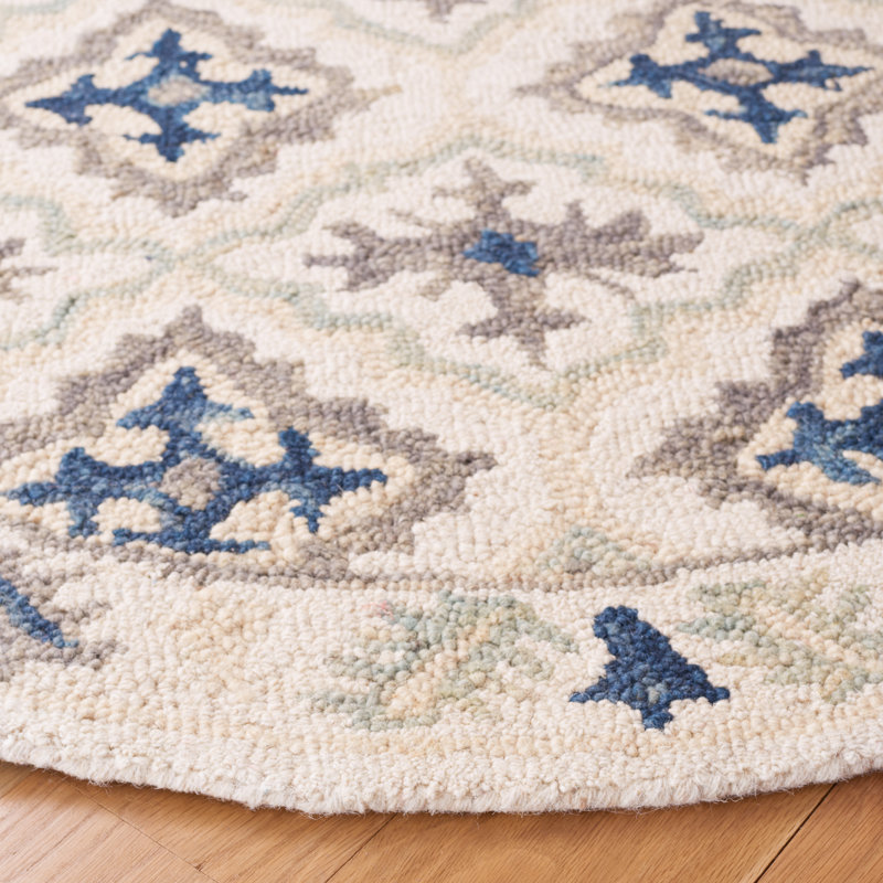 Tapis bleu / ivoire en laine / coton touffeté à la main Betsy-Belle, Rond 5 pi