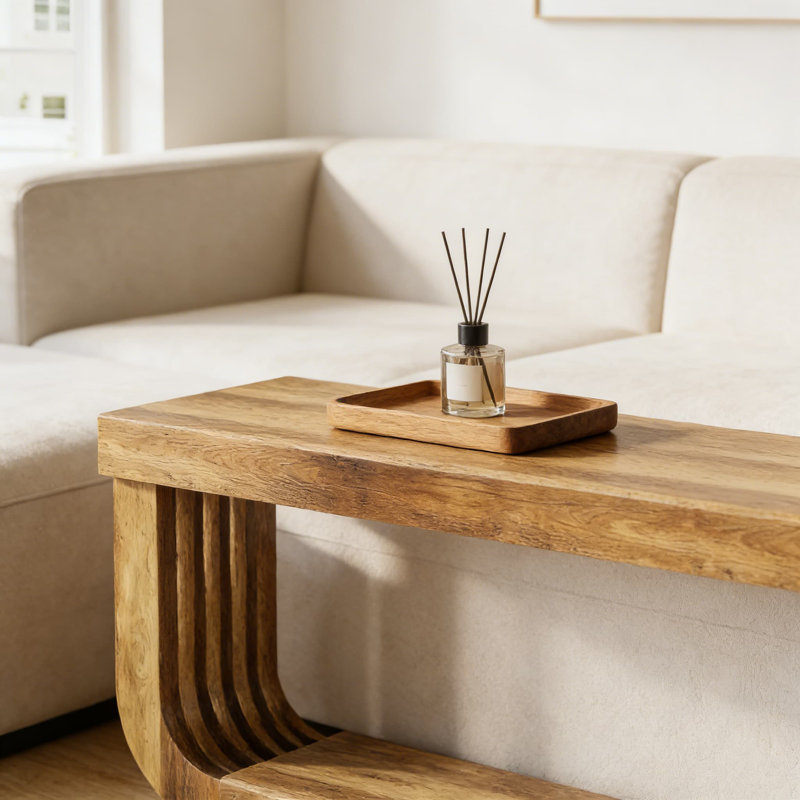 Console très longue très étroite avec rangement à deux niveaux, canapé brun rustique pour le salon ou l'entrée, base piédestal robuste en forme de U pour plus de stabilité