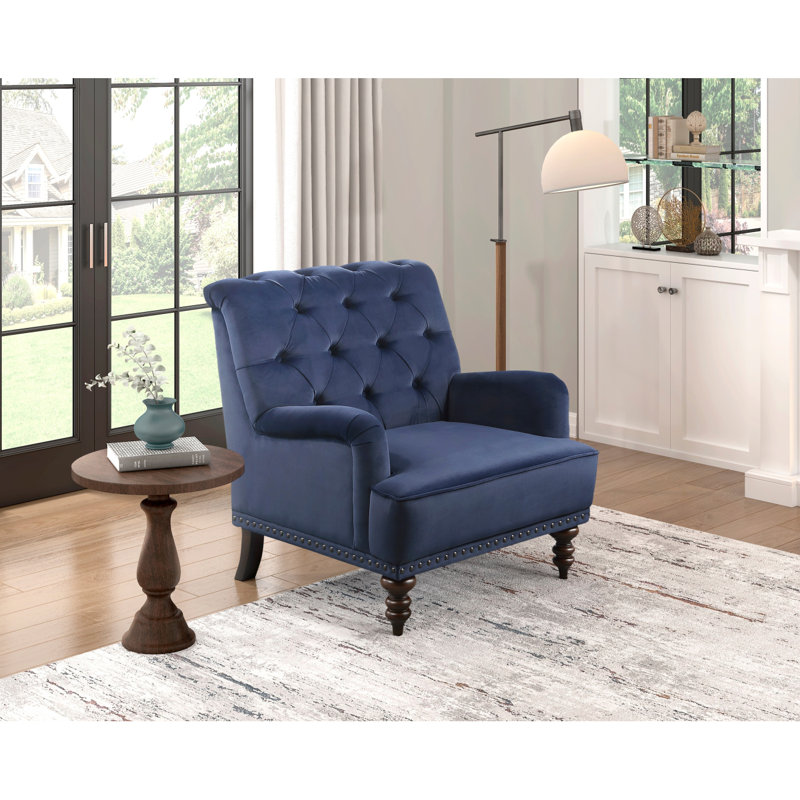Auguust 34" Traditional Tufted Polyester Accent Chair with Velvet Fabric Upholstery, Nailhead Trim, Button-Tufted Back