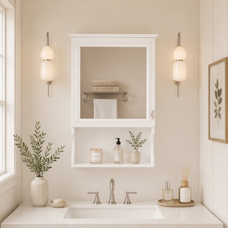 Armoire de salle de bain murale à miroir avec rangement et charnières à fermeture douce, Blanc