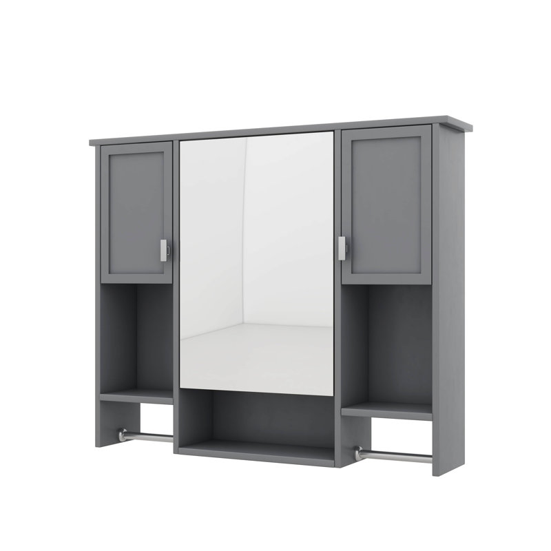 Armoire de salle de bain murale moderne 35 po x 28 po avec miroir, unité de rangement compacte avec une barre à serviettes intégrée, armoire à pharmacie minimaliste