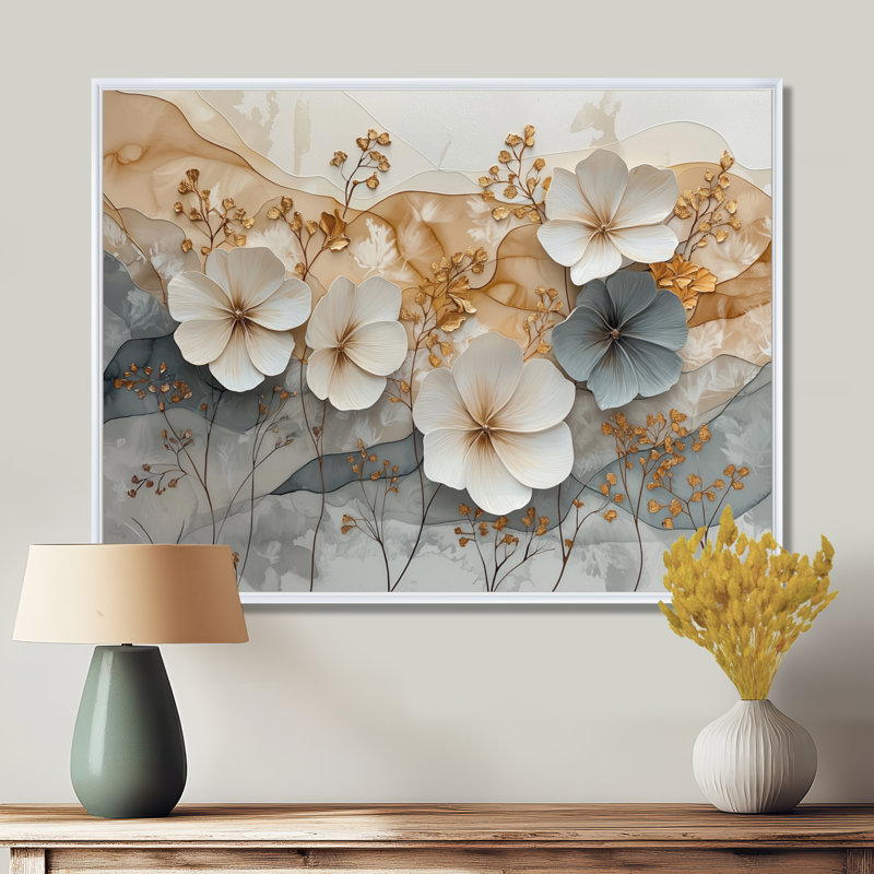 Berenice - Art mural floral, H 34 po x l 44 po, Blanc, Avec cadre