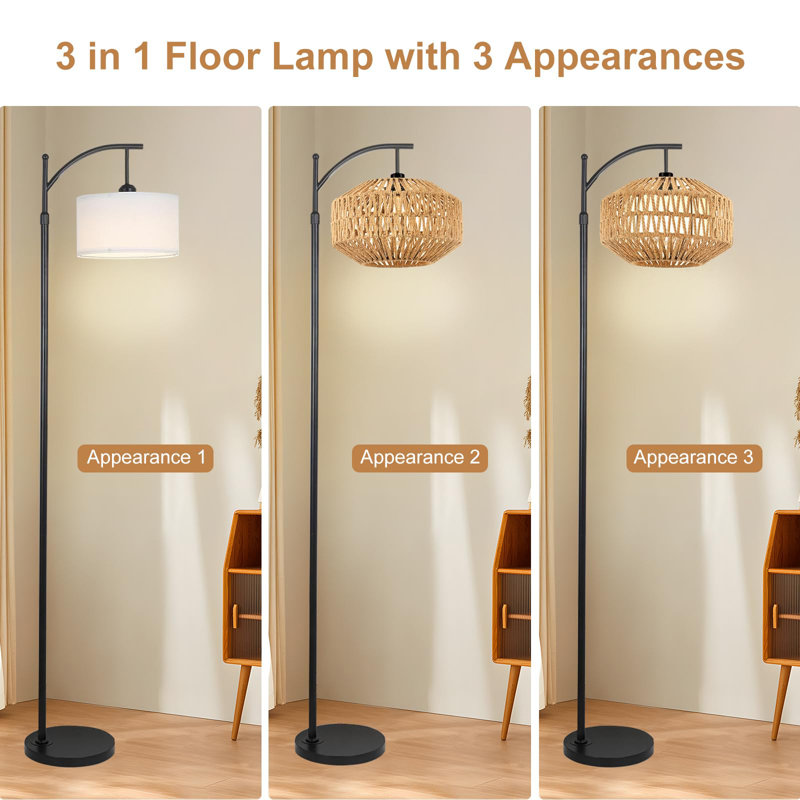 Boho 72'' Black Iron and Rattan Floor Lamp with Adjustable Height
