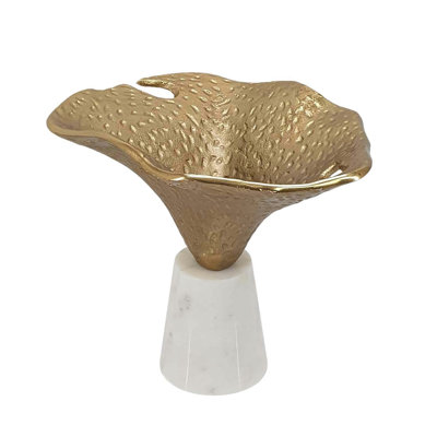 Aluminum Calla Lily Sculpture  on White Marble Base - 10.5x8x9" - Gold/White