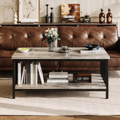 Table basse de salon avec cadre à lattes, table de salon de style campagne moderne avec tablette de rangement à 2 niveaux pour bureau à domicile, appartement, 39 po, gris délavé