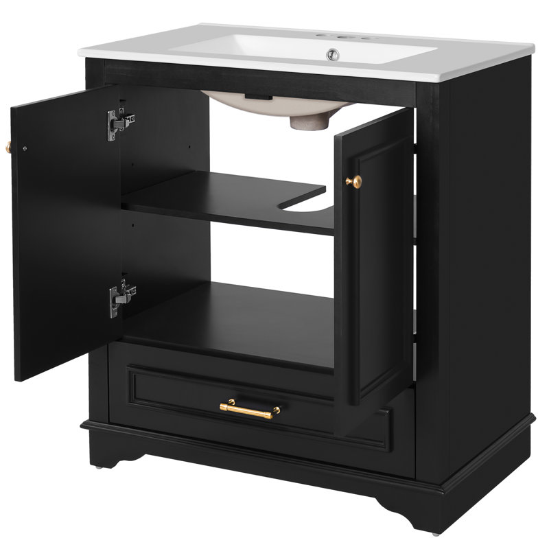 Meuble-lavabo de 30,5 po avec lavabo en céramique, tablette de rangement et portes à fermeture en douceur - charme rétro, fonctionnement silencieux, lavabo compact de 30 po, conception élégante réglable, rails coulissants lisses, idéal