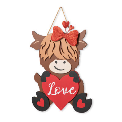 18"H Valentine's Wooden Highland Cow With Heart Door Hanger