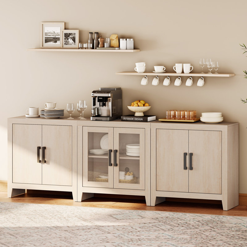 Eaton 3-Piece Modular Sideboard With Glass & Wood Doors, Farmhouse Storage Cabinet With Drawers, Console For Dining Room, Living Room, Or Hallway, Beige