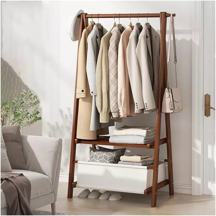 Portemanteaux pliable en bambou avec sac de rangement en tissu et tablette, Brun
