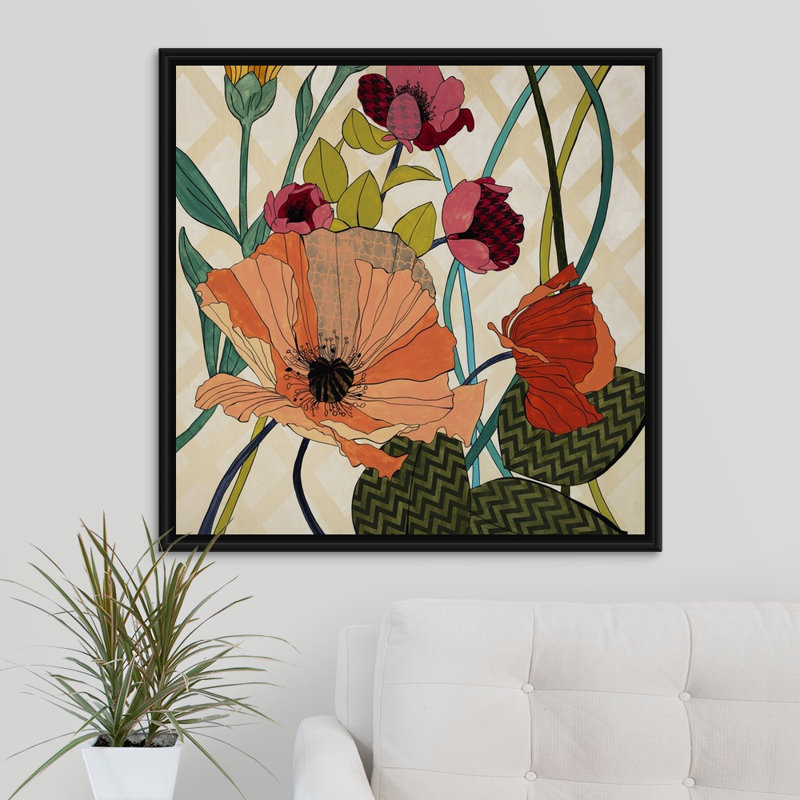 « floral patterns », peinture sur toile, H 13,7 po x l 13,7 po x p 1,75 po, Cadre flottant noir