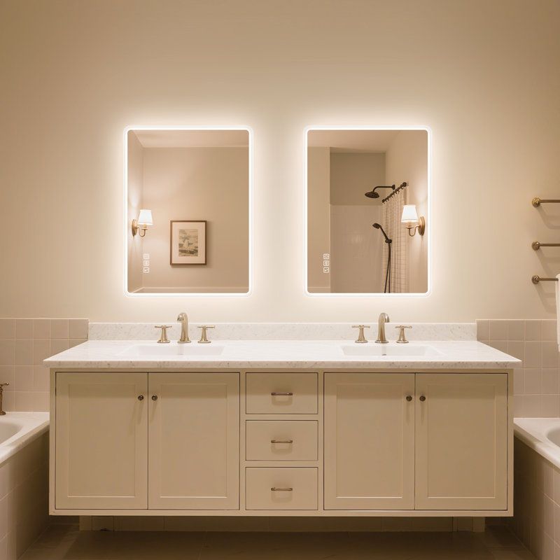 Wall-mounted Mirror with Lights – Frameless, Infinite Dimming, Anti-Fog, 3 Light Modes, Built-in Bluetooth, 24" x 32", Clear