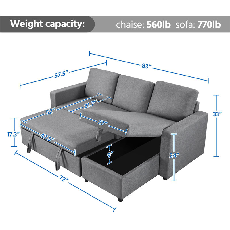 Reversible Sectional Sofa with Pull Out Bed and Storage For Limited Spaces, Light Grey Polyester