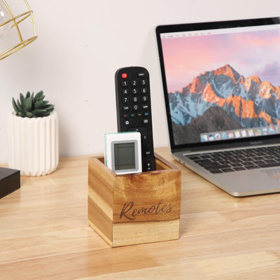 Remote Control Holder, Acacia Wooden Tv Remote Holder, Remote Holder for Table, Remote Control Storage Organizer Caddy (for 2 or 3 Remote Controls) 3.5 x3.5x3.5